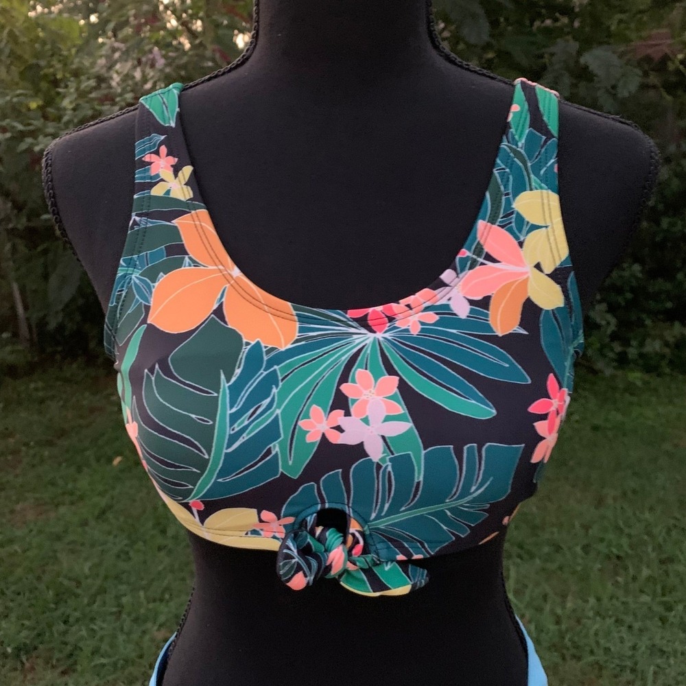Floral Bikini Top XL 14 – Tie Front Swim Crop Tankini Tropical Black Multicolor